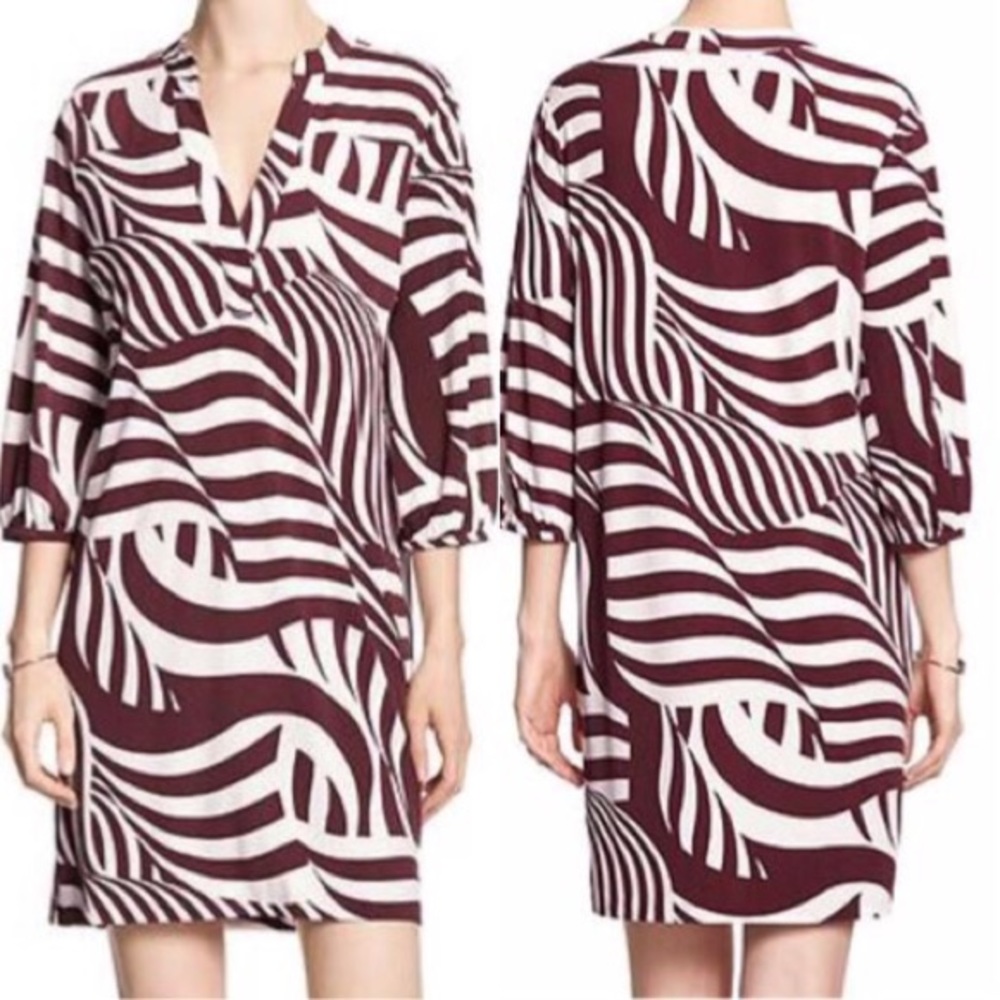 BANANA REPUBLIC PRINTED TUNIC DRESS in Burgundy, XS